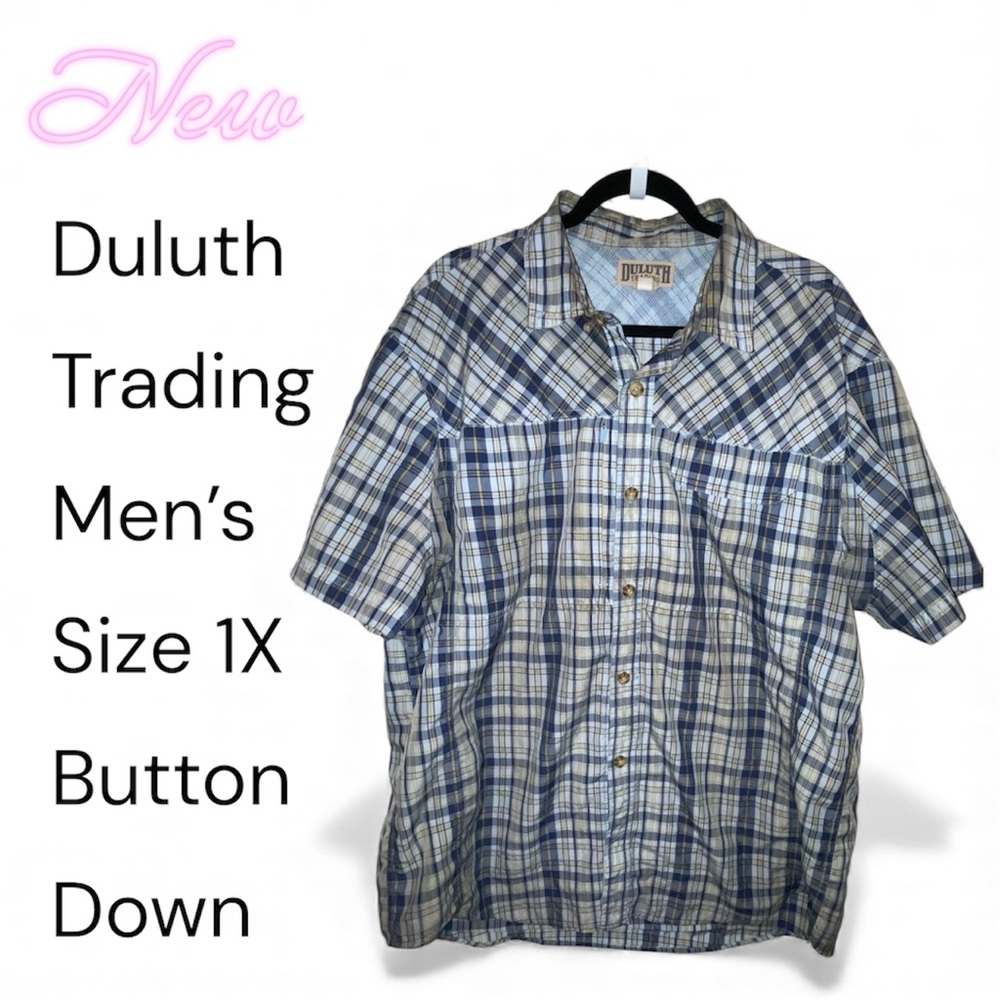 Duluth Trading Co Men's Casual Blue and White Plaid Shirt